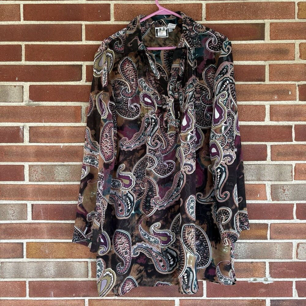 Take Two Clothing Brown Purple Paisley Tunic Sheer Popover Blouse 1X A785